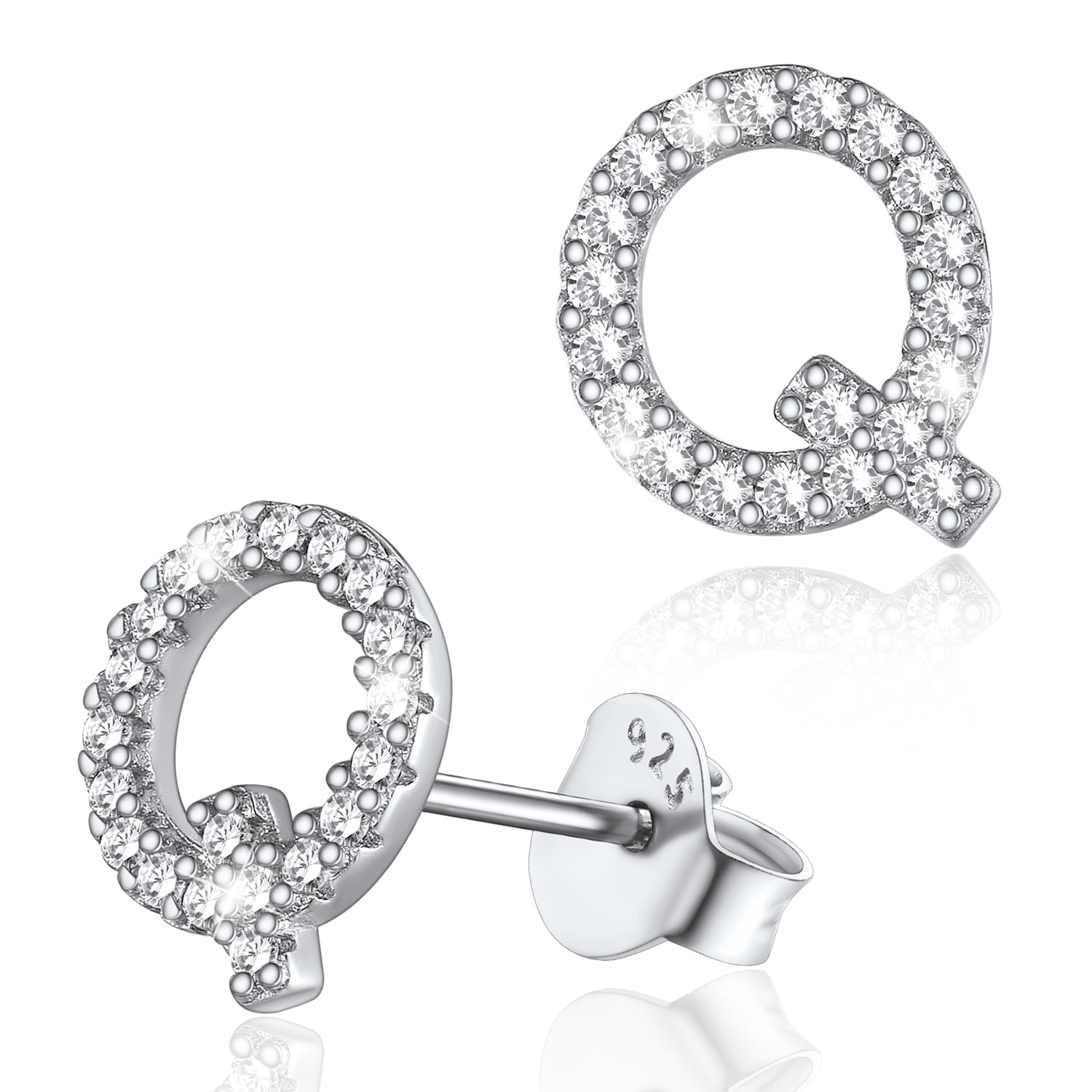 Silvora Sterling Silver Initial Stud Earrings for Women CZ Simulated Diamond Fashion Alphabet Letter Earring Birthday Christmas Valentines Jewelry Gift, Q