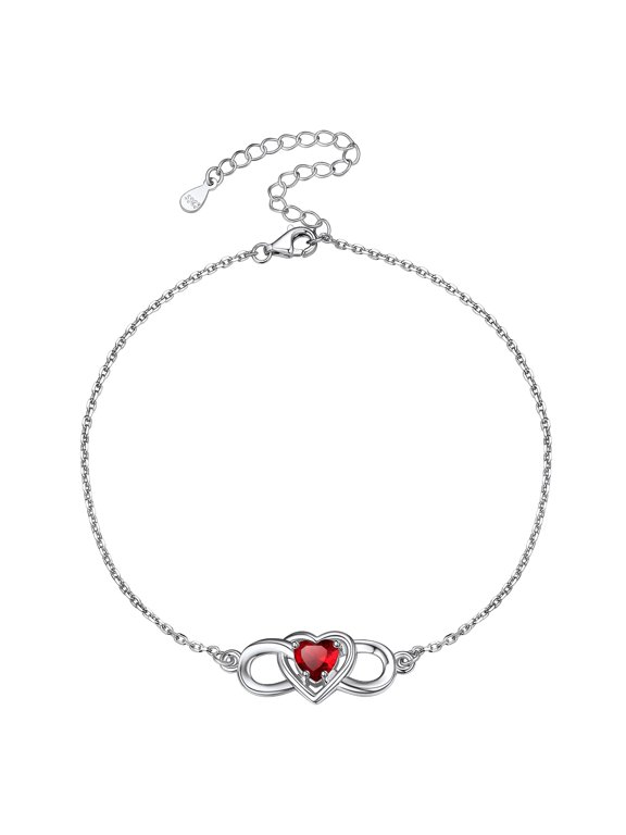 Sterling Silver Ankle Bracelet Women July Heart Birthstone Infinity Anklets Summer Beach Jewelry Gift for Wife Mother Daughter