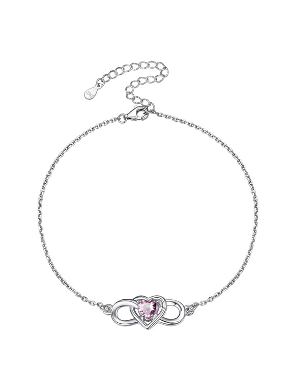 Sterling Silver Ankle Bracelet Women October Heart Birthstone Infinity Anklets Summer Beach Jewelry Gift for Wife Mother Daughter