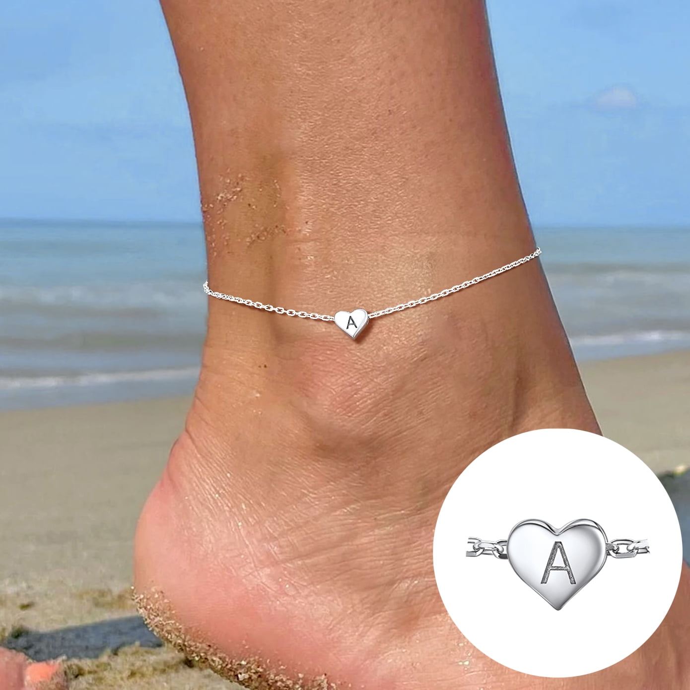 Silvora Sterling Silver Initial Ankle Bracelets for Women Waterproof Dainty Heart Anklet Letter A Summer Beach Foot Jewelry Gifts for Daughter Mom Birthday Mothers Day