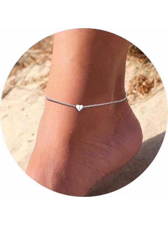 Initial J Anklets for Women 925 Sterling Silver Heart Letter Ankle Bracelets Waterproof Trendy Summer Beach Foot Jewelry Gifts for Girlfriend Valentine's Day