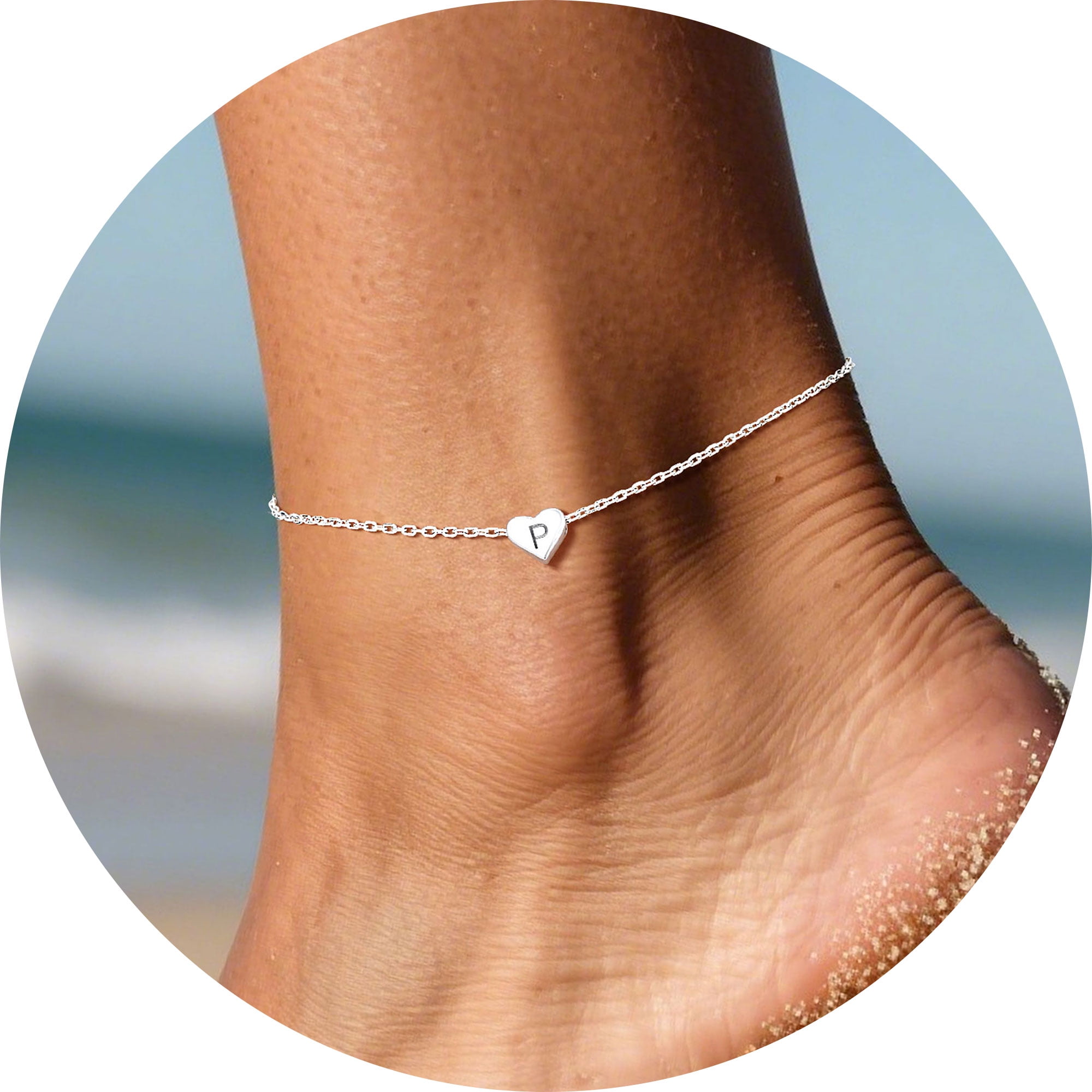 Silvora Sterling Silver Initial Heart Anklet Bracelet for Women, Letter P, Summer Beach Jewelry Gift