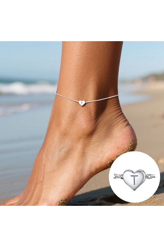925 Sterling Silver Initial Anklets for Women Waterproof Adjustable Heart Ankle Bracelets Letter T Summer Beach Foot Jewelry Gifts for Mom Mothers Day