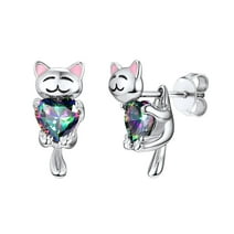 Silvora Sterling Silver Cute Cat Stud Earrings Cubic Zirconia Animal Statement Earrings Birthday Christmas Jewelry Gift for Wife Mom Daughter