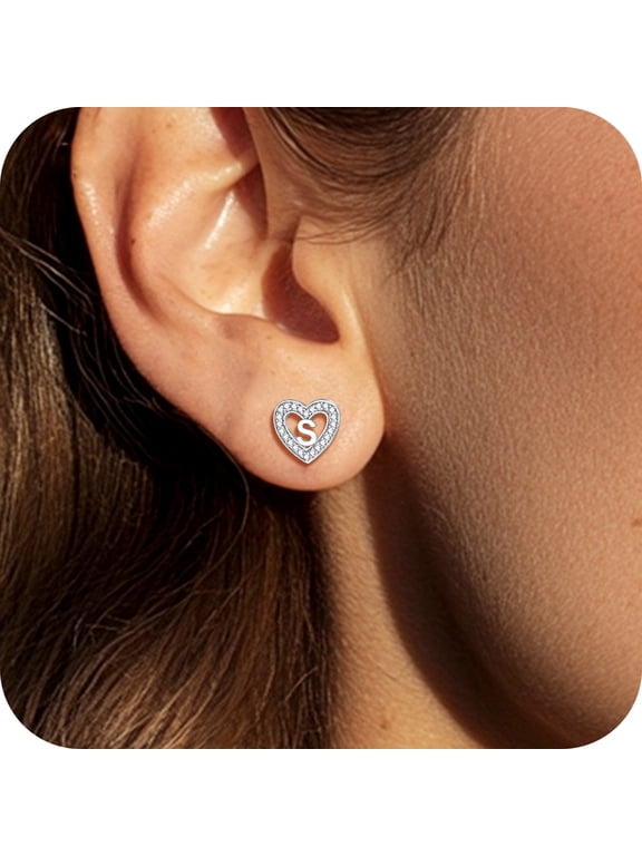 Women Cubic Zirconia Heart Earrings with Letter S, Tiny Initial Stud Earrings Hypoallergenic Jewelry for Sensitive Ears