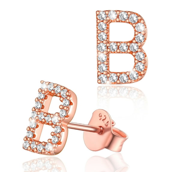 Silvora Rose Gold Plated Stud Initial Earrings for Women CZ Simulated Diamond Letter B Silver Earring