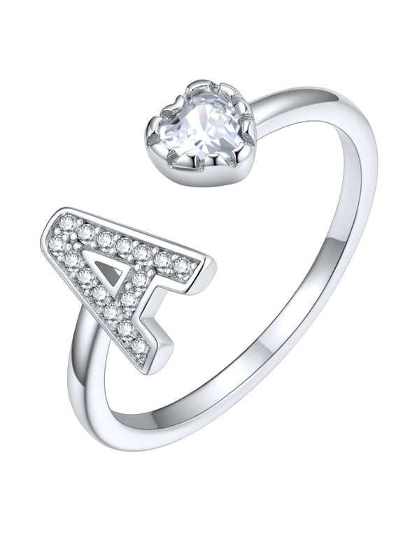 Sterling Silver Initial Heart Engagement Ring for Women Cubic Zirconia Thumb Rings Pinky Ring Jewelry Gift for Wife Mother Girlfriend, A