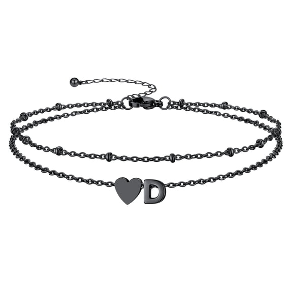 Silvora Waterproof Ankle Bracelet for Women Beaded Heart Link Initial Anklet Double Layer Adjustable 8.5"-10" Foot Jewelry Gift, Black