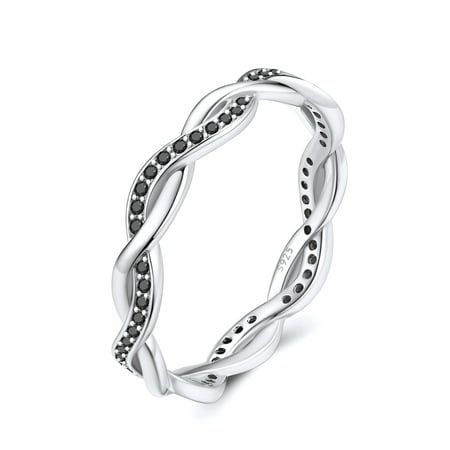 Silvora Twisted Rope Silver Wedding Bands for Women Black Cubic Zirconia Stackable Ring Jewelry Gift Size 11 for Her Wife Mom