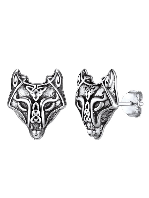 Viking Wolf Head Stud Earrings Sterling Silver Earrings Celtic Knot Cool Ear Charms Jewelry Gift for Women Men
