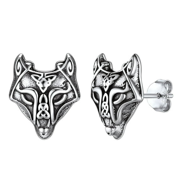 Silvora Viking Wolf Head Stud Earrings Sterling Silver Earrings Celtic Knot Cool Ear Charms Jewelry Gift for Women Men