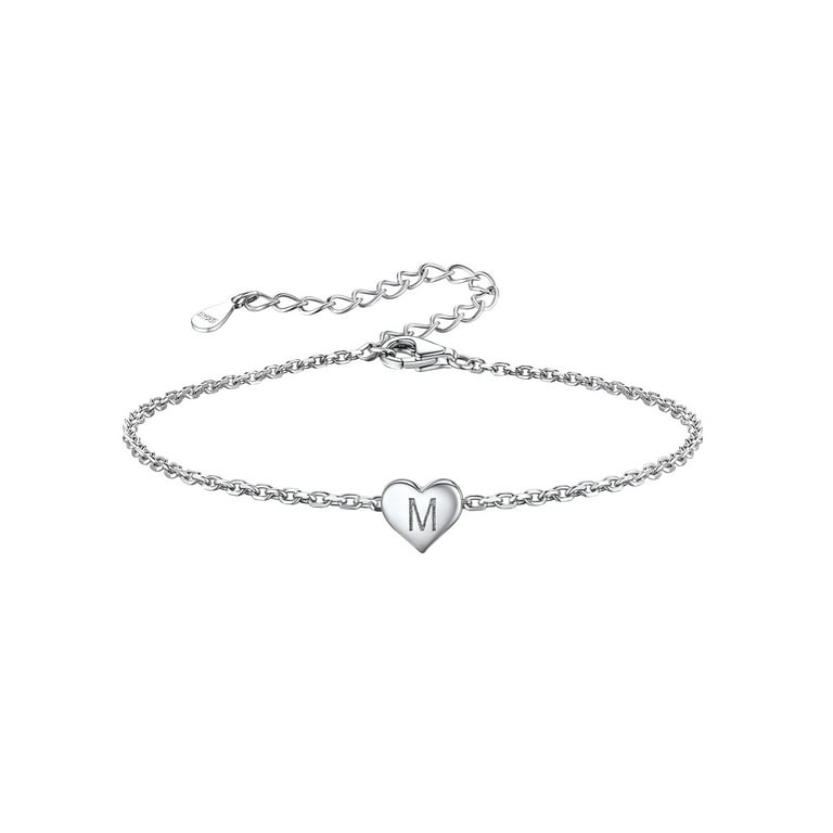 Silvora Women Cute Letter Bracelet M Silver S925 Initial Heart Jewelry for Girlfriends - Letter M Chain Bracelets, Women's, Size: Medium