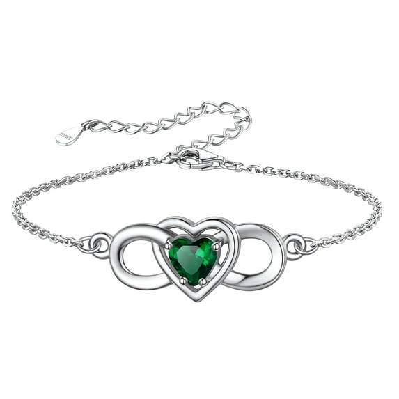 Silvora Women Heart Infinity Bracelet Synthetic Emerald Birthstone Sterling Silver Bracelet Birthday Gift for Mother Daughter - May