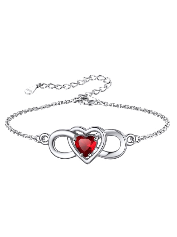 Women Heart Infinity Bracelet Synthetic Ruby Birthstone Sterling Silver Bracelet Birthday Gift for Mother Daughter - July
