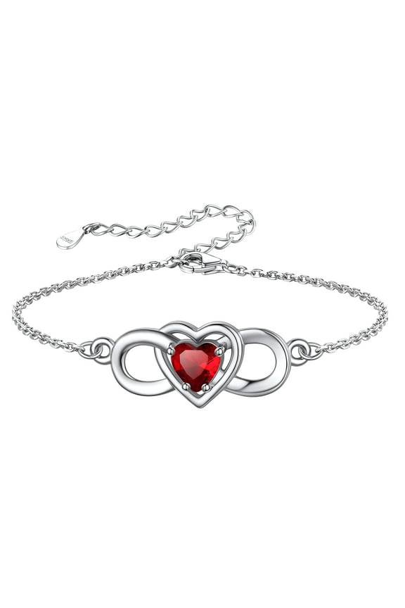 Women Heart Infinity Bracelet Synthetic Ruby Birthstone Sterling Silver Bracelet Birthday Gift for Mother Daughter - July
