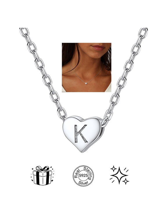 S925 Sterling Silver Initial Heart Necklaces for Women Tiny Letter K Charm Pendant Necklace Alphabet Jewelry Gifts for Granddaughter Christmas Birthday