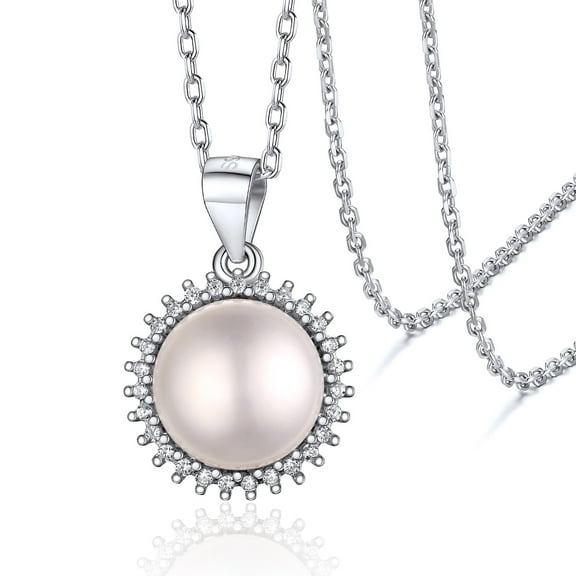 Silvora Women Pearl Pendant Necklace 10mm Freshwater Cultured Pearl Necklace with Shiny CZ and 925 Sterling Silver Chain Jewelry for Ladies