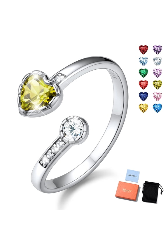 Sterling Silver Birthstone Rings for Women Heart Green Peridot Open Ring Birthday Christmas Valentine's Jewelry Gifts, August
