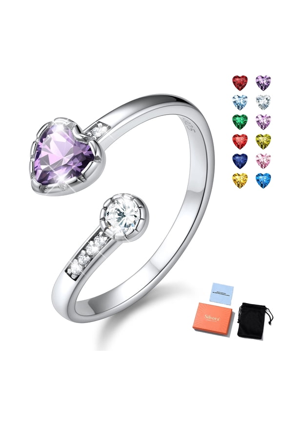 Sterling Silver Birthstone Rings for Women Heart Purple Amethyst Open Ring Birthday Christmas Valentine's Jewelry Gifts, February