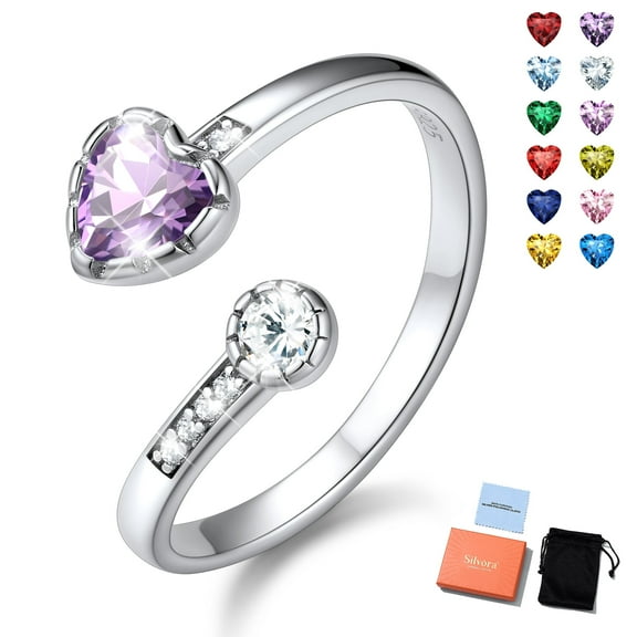 Silvora Sterling Silver Birthstone Rings for Women Heart Purple Alexandrite Open Ring Birthday Christmas Valentine's Jewelry Gifts, June
