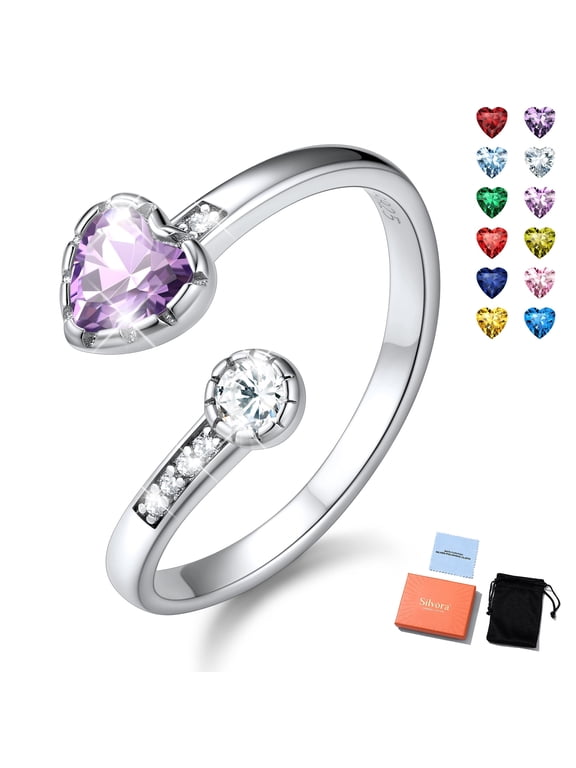 Sterling Silver Birthstone Rings for Women Heart Purple Alexandrite Open Ring Birthday Christmas Valentine's Jewelry Gifts, June