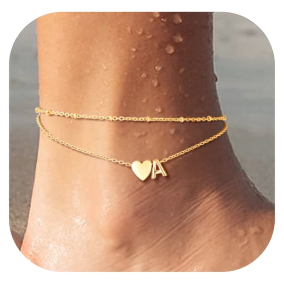 Silvora Women's 14k Gold Plated Ankle Bracelet for Women Double Layer Beaded Adjustable Waterproof Anklets Holiday Jewelry Gift