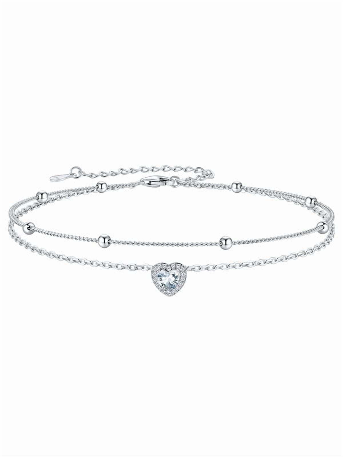 Silvora Women's Birthstone Ankle Bracelets 925 Sterling Silver Layeded Anklets Dainty Beaded Chain Heart Gemstone Jewelry Gifts for Birthday,Mothers Day,Holiday, April