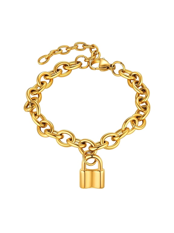 Women's Chain Bracelet with Lock Charms Gold Plated Stainless Steel Padlock Wristband Adjustable Bangle Jewelry Gifts for Couple Best Friend Friendship Birthday Mothers Day