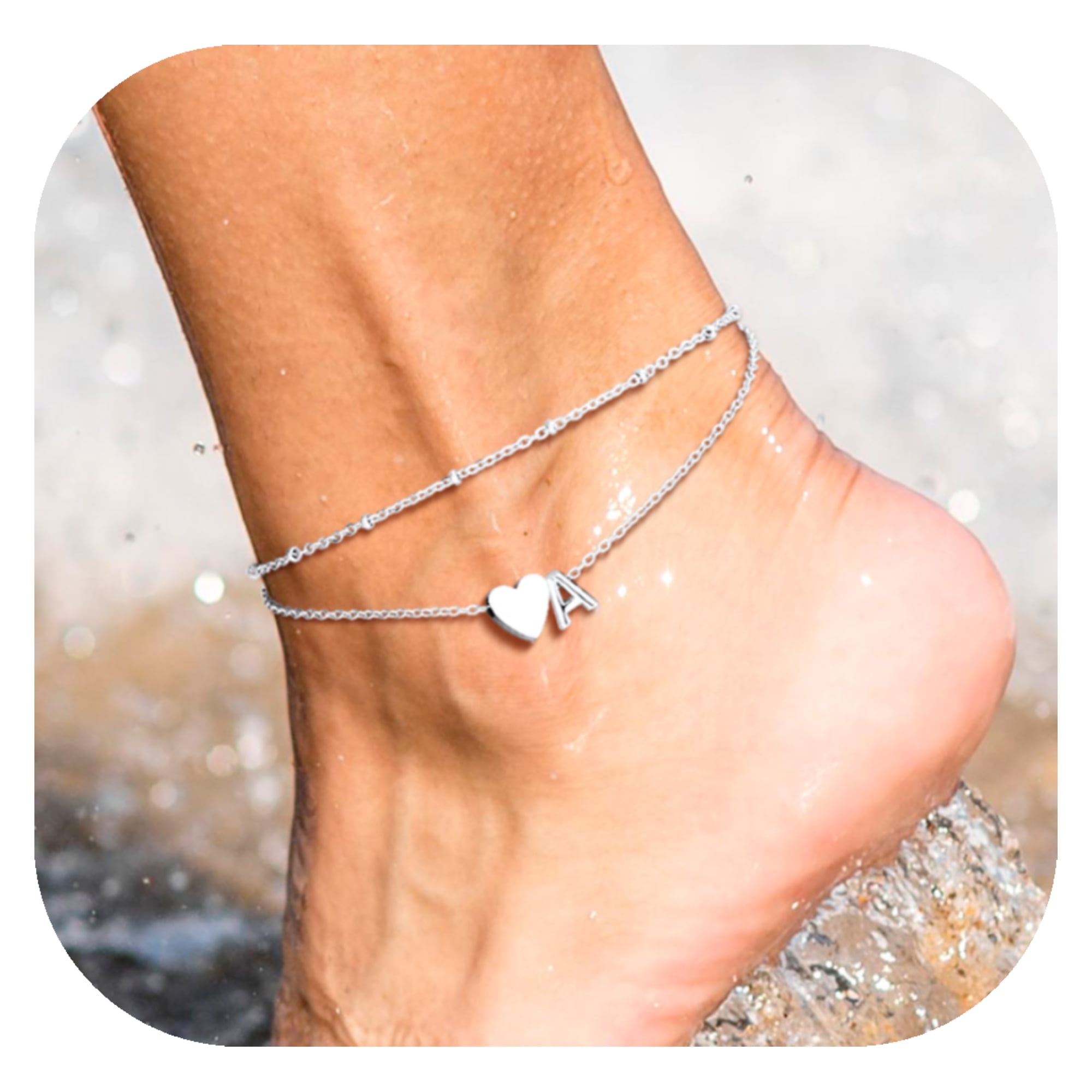 Silvora Women's Double Layer Ankle Bracelet with Beads Initial