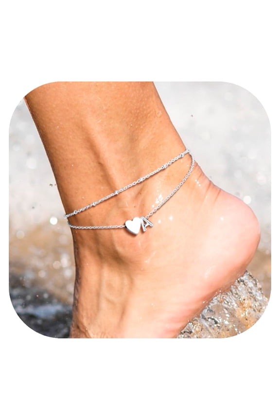 Women's Double Layer Ankle Bracelet with Beads & Initial Charms A-Z Letter Adjustable Stainless Steel Anklet Foot Jewelry Gifts, 8.5"