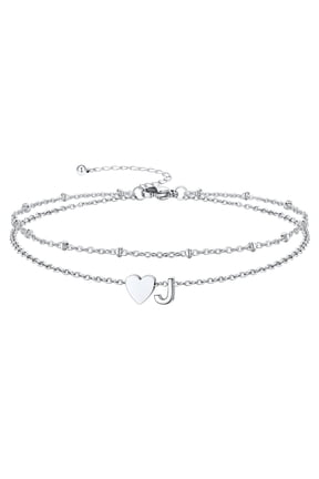 Women's Double Layer Ankle Bracelet with Beads & Initial Charms A-Z Letter Adjustable Stainless Steel Anklet Foot Jewelry Gifts, 8.5"