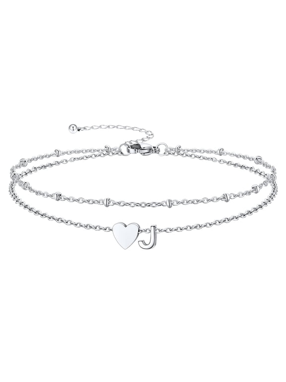 Women's Double Layer Ankle Bracelet with Beads & Initial Charms A-Z Letter Adjustable Stainless Steel Anklet Foot Jewelry Gifts, 8.5"