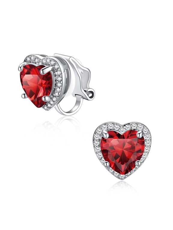 Clip on Earrings for Women January Red Garnet Heart Birthstone Non Pierced Earring for Daughter Wife Dainty Birthday Christmas Valentines Jewelry Gift