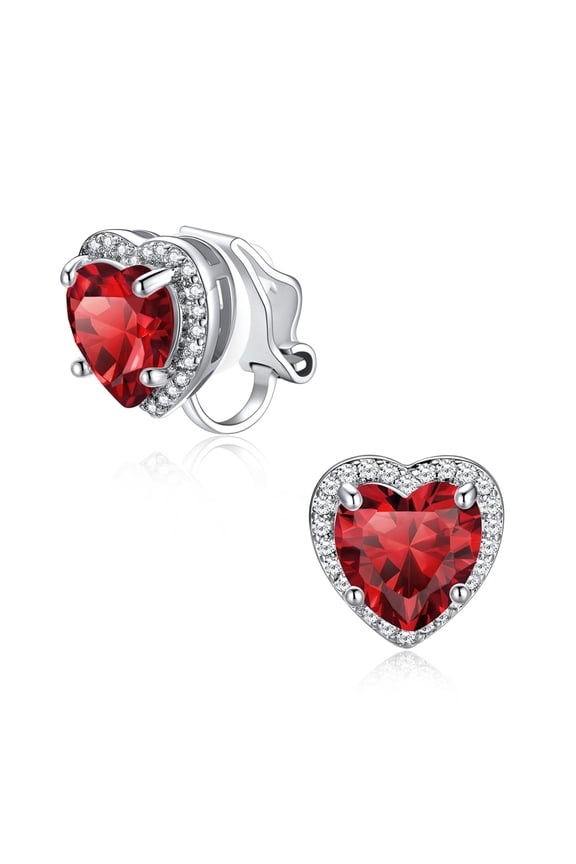 Clip on Earrings for Women January Red Garnet Heart Birthstone Non Pierced Earring for Daughter Wife Dainty Birthday Christmas Valentines Jewelry Gift