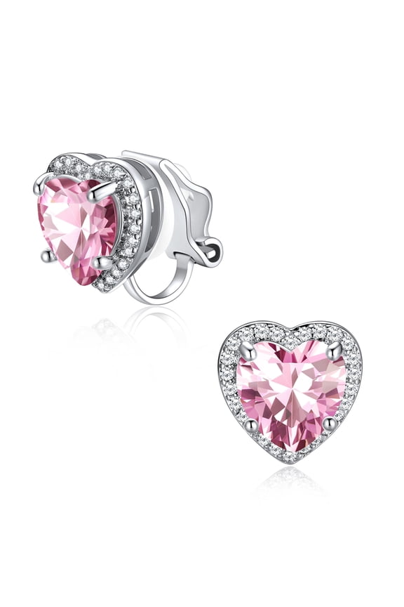 Clip on Earrings for Women October Pink Tourmaline Heart Birthstone Non Pierced Earring Jewelry Gift for Daughter Birthday Thanksgiving