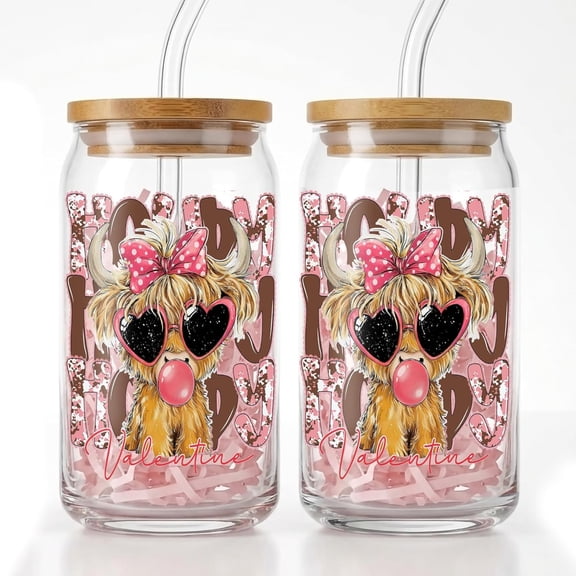 Silvren 16oz Cute Highland Cow Glass Cup with Stained,Classic Design Can, Nature-Inspired Spring Tumbler