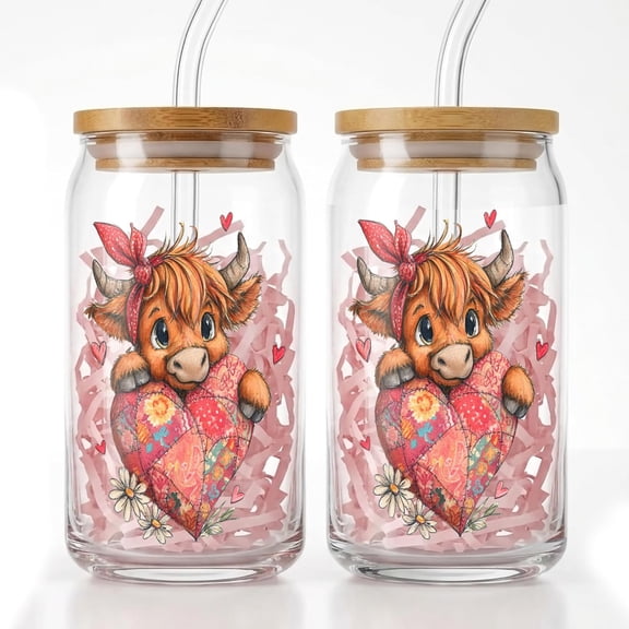 Silvren Highland Cow Heart Glass Cup,Classic Design Can, Nature-Inspired Spring Tumbler, Bamboo Lid and Straw