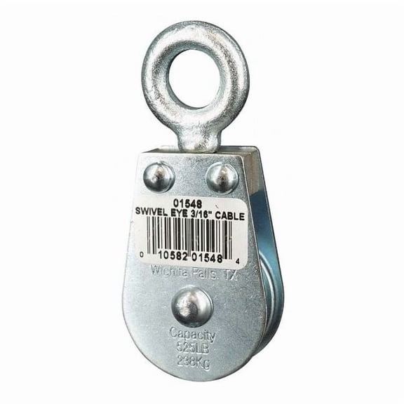 Pulley Block, Wire Rope, 3/16 in Max Cable Size, 525 lb Max Load, Zinc Plated
