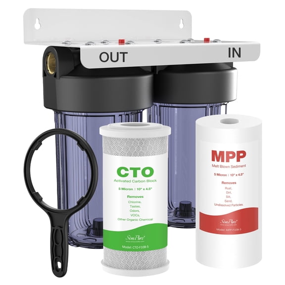 SimPure 2 Stage Whole House Water Filtration System with 10-inch Big Clear Housing, PP and Carbon Filters, 1"NPT