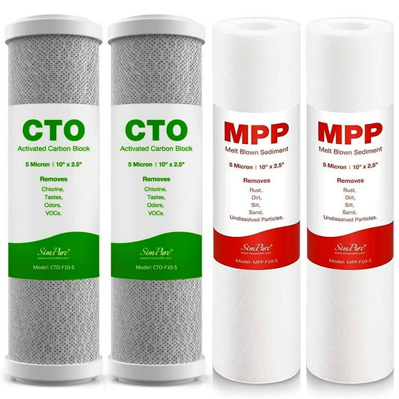 SimPure 5 Micron 10" x 2.5" Replacement Water Filter Set of 2 Carbon and 2 Sediment Compatible with DWC30001, WFPFC8002, FXWTC, WHEF-WHWC, WHKF-WHWC, Pentek DGD series, RFC
