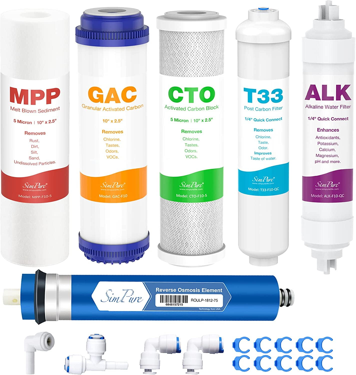 SimPure 6Stage Reverse Osmosis Replacement Filter Set with 100 GPD RO
