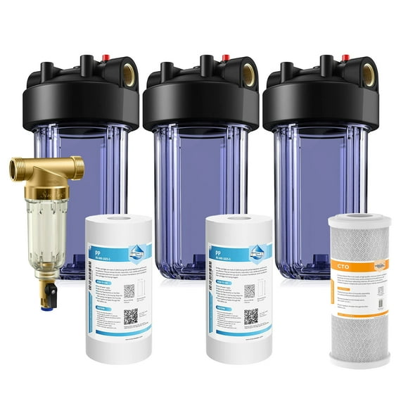 SimPure DB10C Whole House Water Filter Housing(3 Pack) 10"x4.5",with 2Pack PP+1Pack CTO Filter(5μm)+DC5P 40/200 Micron Spin Down Sediment Filter