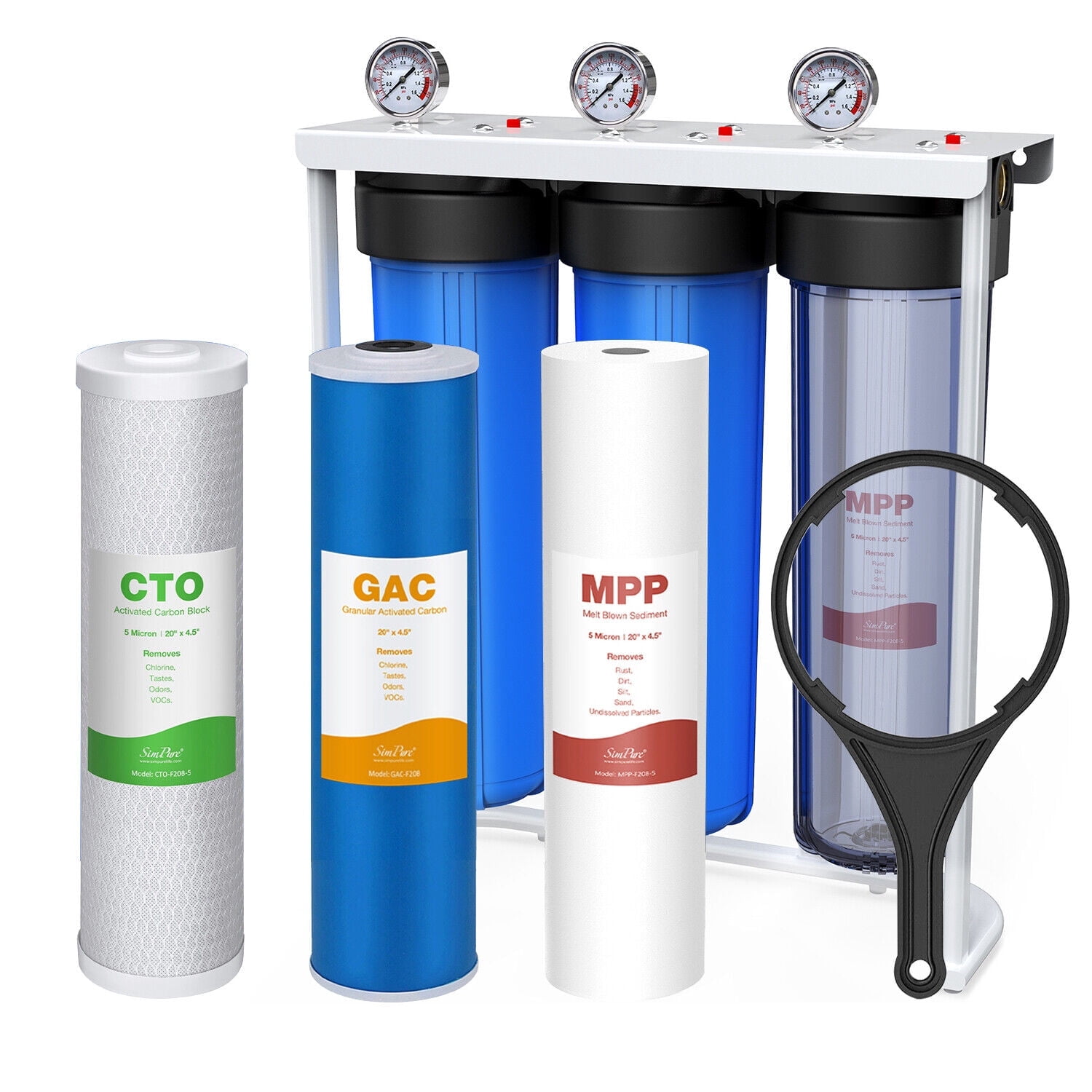 SimPure Whole House Water Filter System, 3-Stage Water Filter w/ 20-Inch Sediment, Activated Carbon, Carbon Block Water Filter