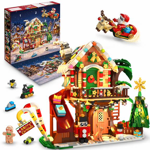 Simarrant Christmas Countdown Treehouse Building Set with LED Light, 992PCS Advent Calendar Holiday House Building Blocks with Santa Sleigh, Christmas Tree and Gift Slide for Teens and Adults 12+