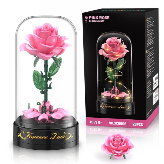 Simarrant Rose Flower Building Set with Music Box and Display Dome, 126PCS Botanical Collection Building Blocks Kit, Pink Rose Model Decoration, ABS Material Building Toy for Ages 6+