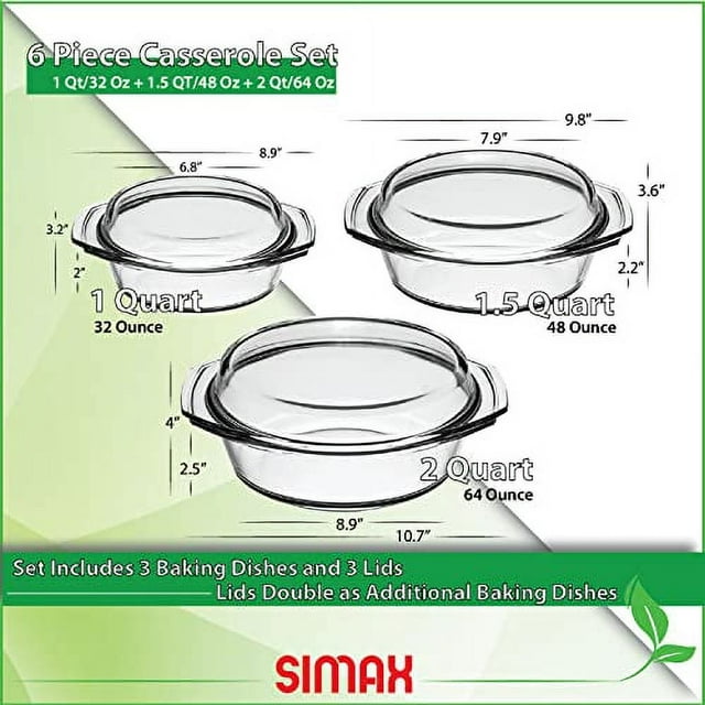 Simax Casserole Dish Set, Set of 2 Casserole Dish with Lid, Round Glass Cookware, Borosilicate