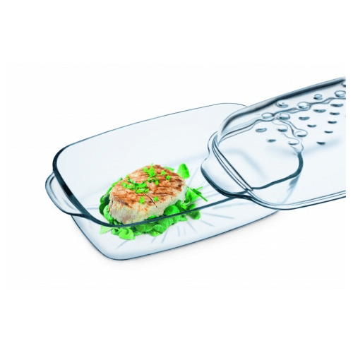 Simax Clear Glass Rectangle Roaster Pan With Lid, Raised Ridges for Fat Free Cooking, Durable Borosilicate Glass, Microwave and Dishwasher Safe, Made in Europe, 3 Qt Oblong Baking Dish
