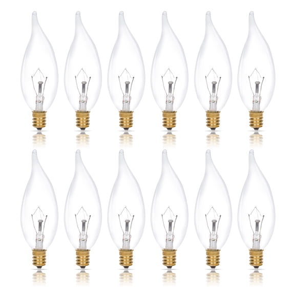Simba Lighting Candelabra Flame Tip Clear CA10 25W E12 Base Light Bulbs 120V Warm White 2700K, 12 Pack