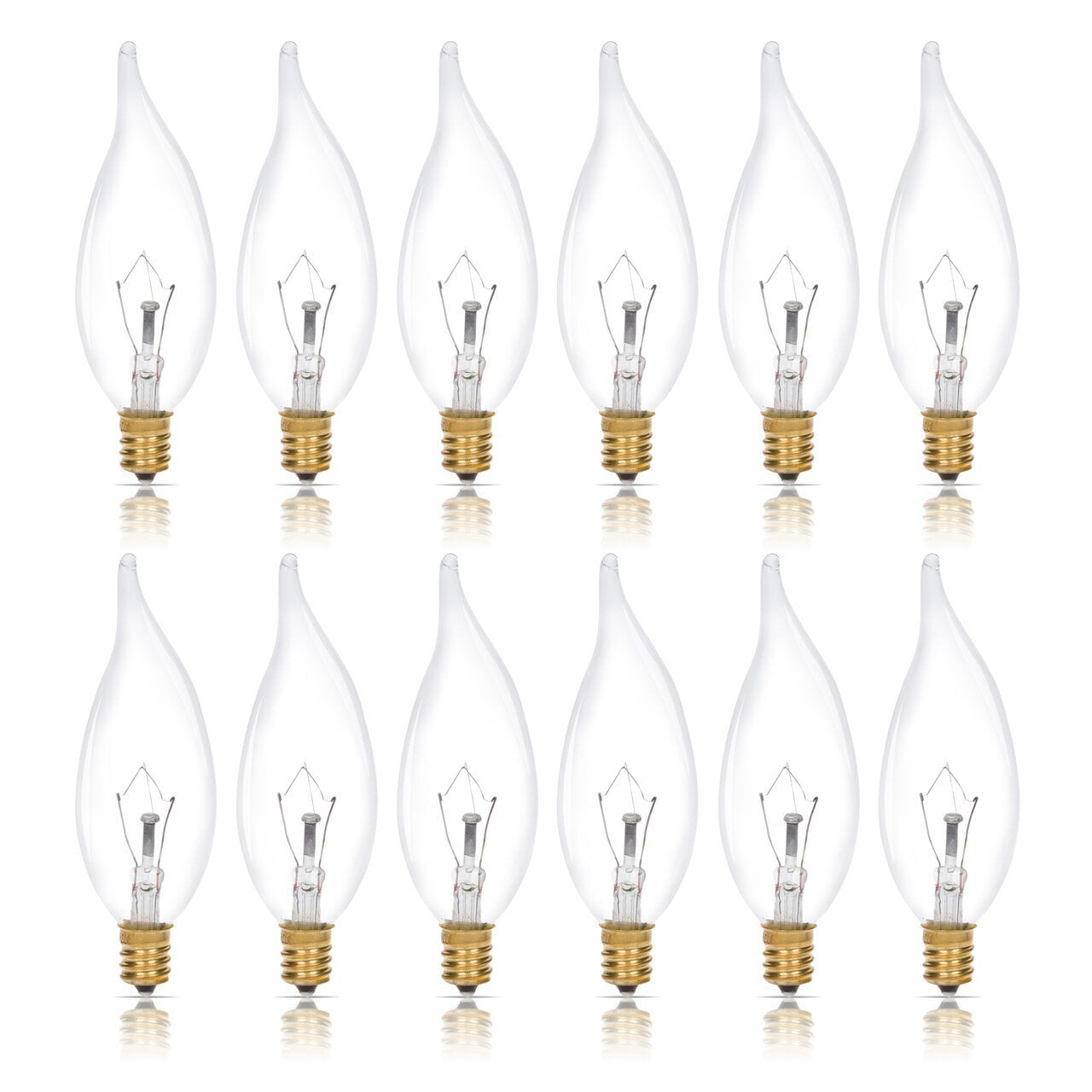 Simba Lighting Candelabra Flame Tip Clear CA10 25W E12 Base Light Bulbs 120V Warm White 2700K, 12 Pack