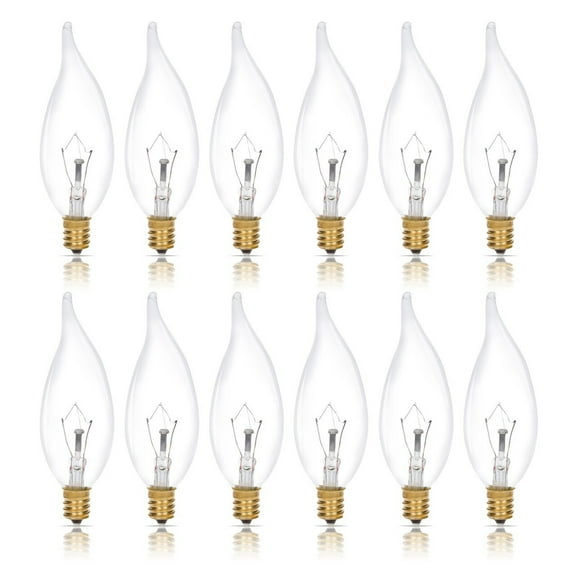 Simba Lighting Candelabra Flame Tip Clear CA10 25W E12 Base Light Bulbs 120V Warm White 2700K, 12 Pack